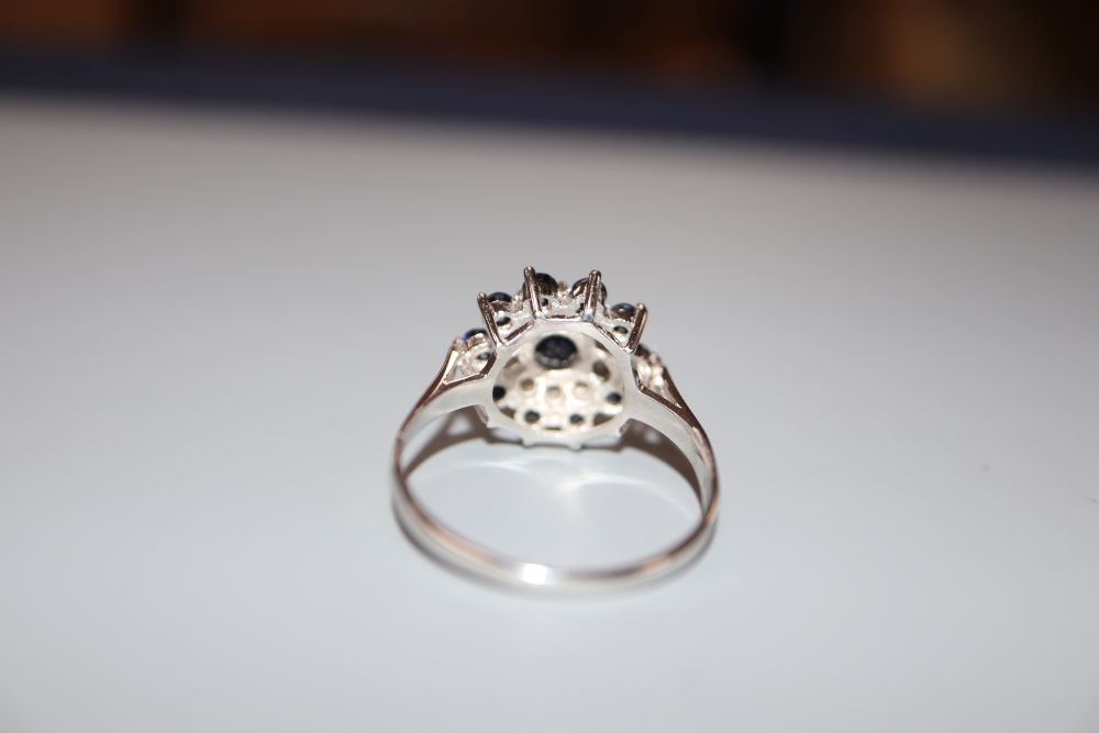 A modern 18ct white gold, sapphire and diamond cluster ring, size S, gross 4.7 grams.